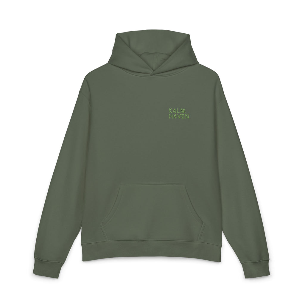 Kalm Haven Green Hoodie — Minimal Chest Graphic Casual Pullover