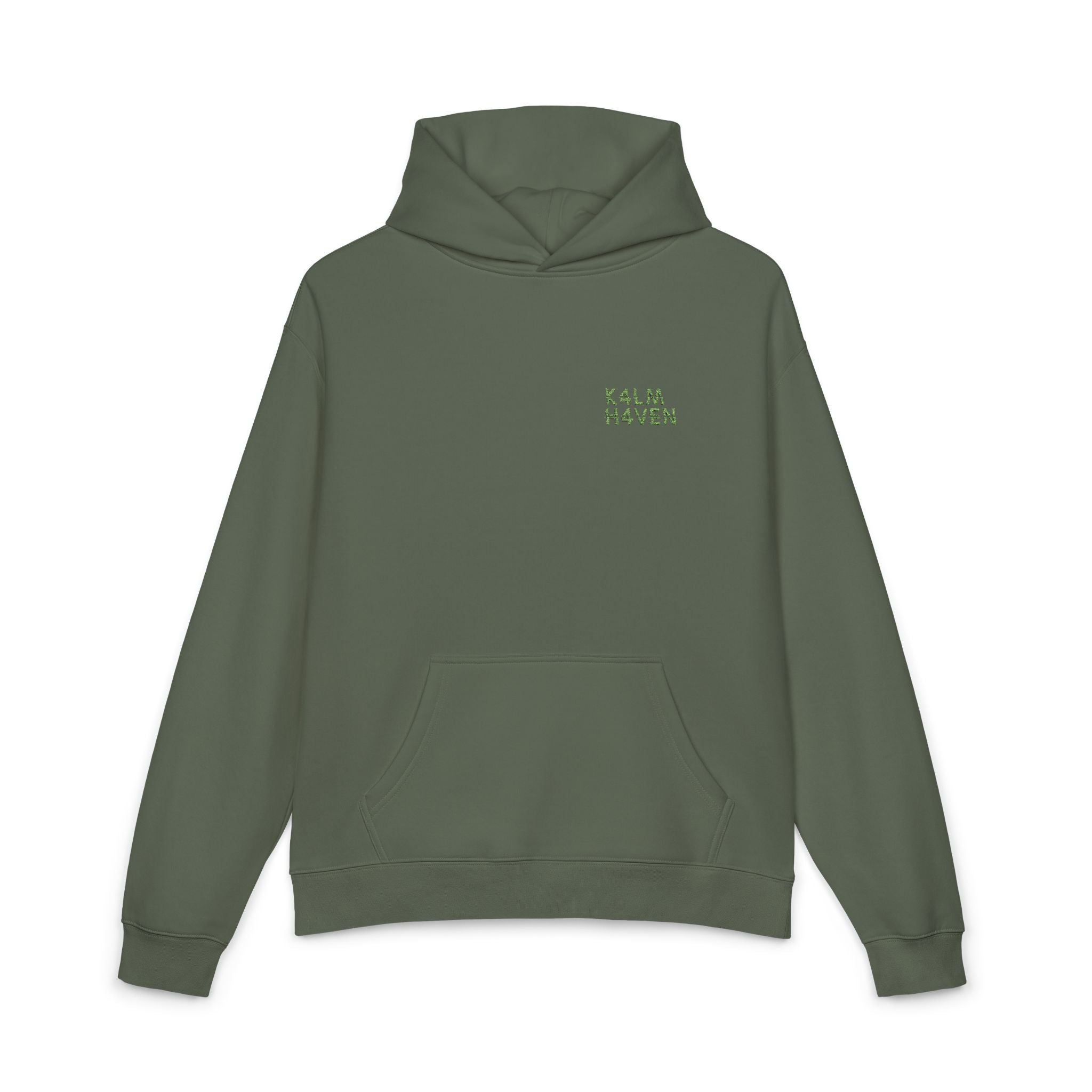 Kalm Haven Green Hoodie — Minimal Chest Graphic Casual Pullover