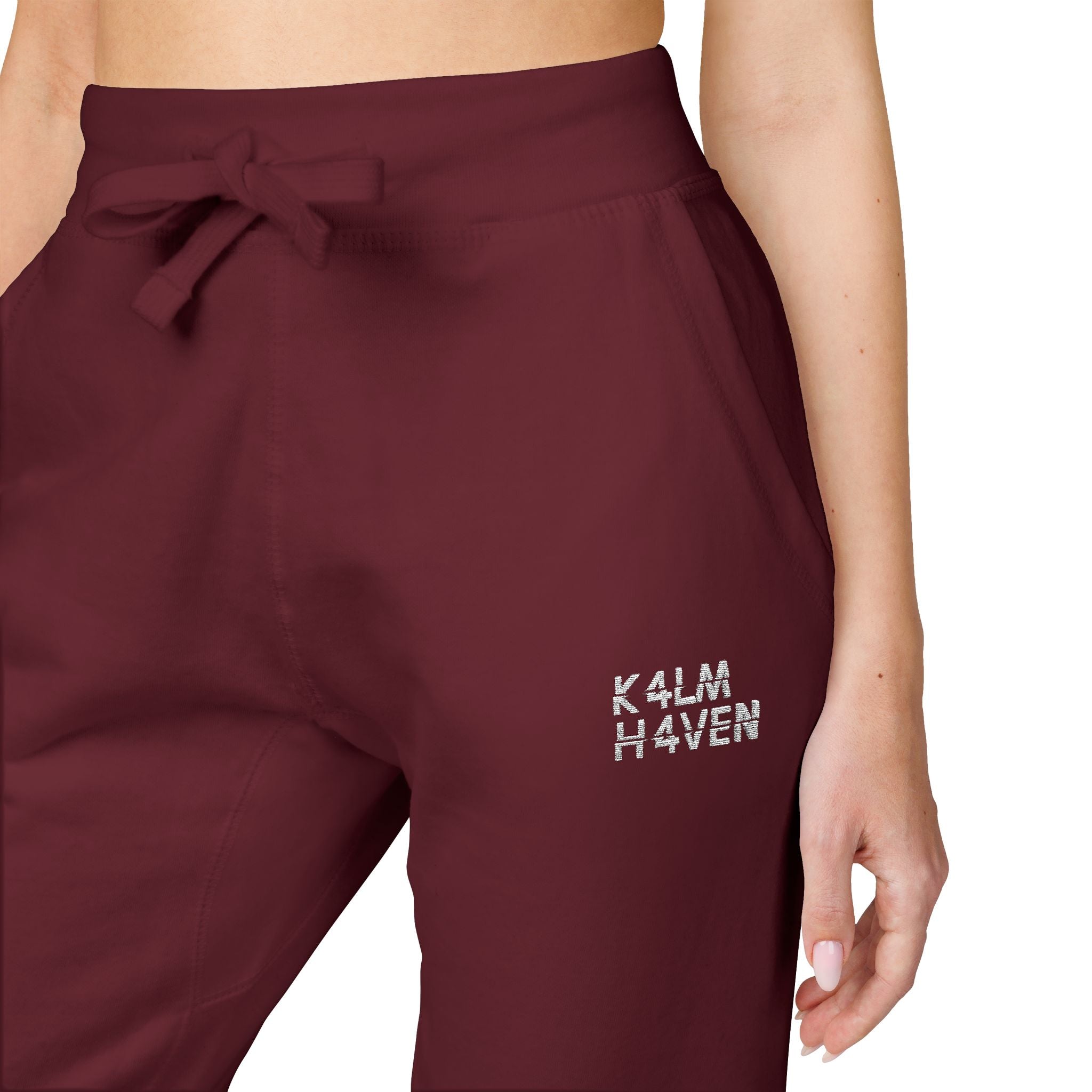 Embroidered 'Kalm Haven' Fleece Sweatpants — Cozy Casual Maroon Sweats