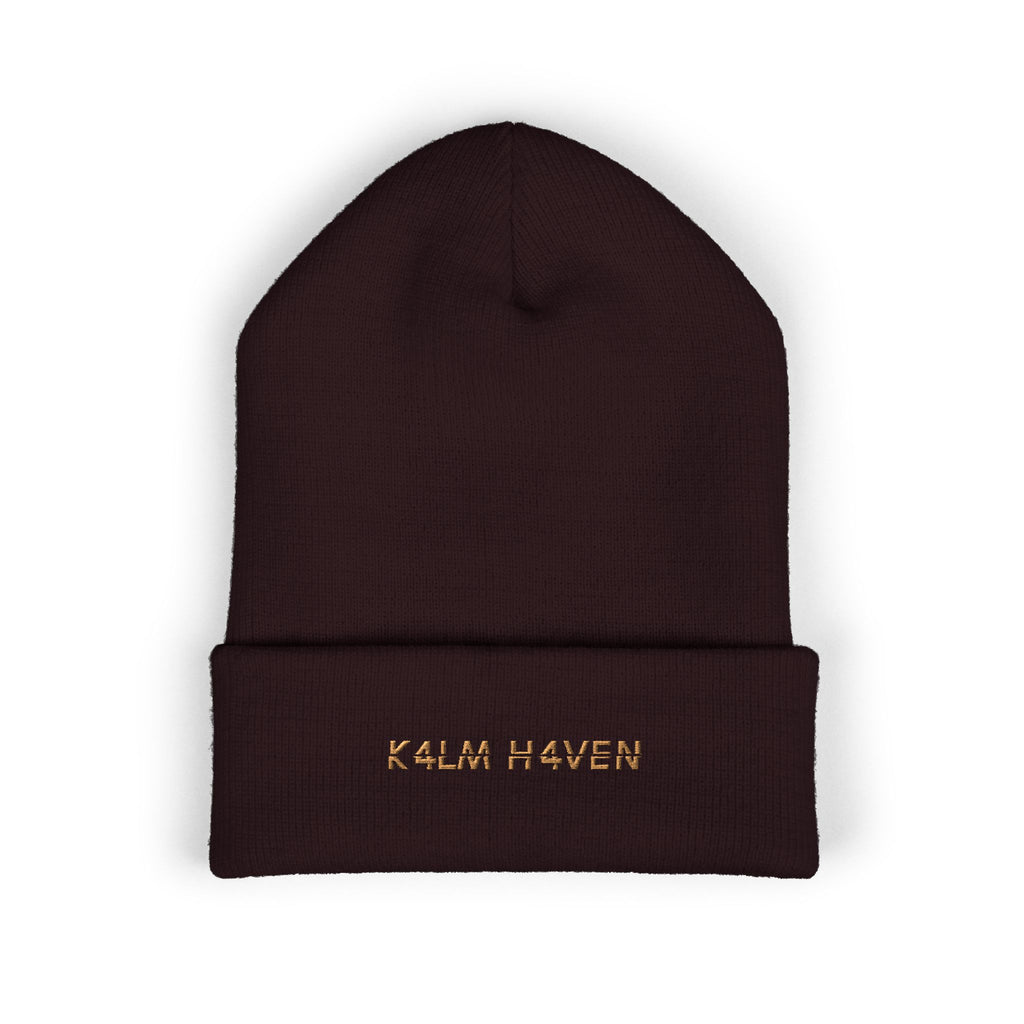 Embroidered 'K4LM H4VEN' Cuffed Beanie - Soft Brown Knit Winter Hat