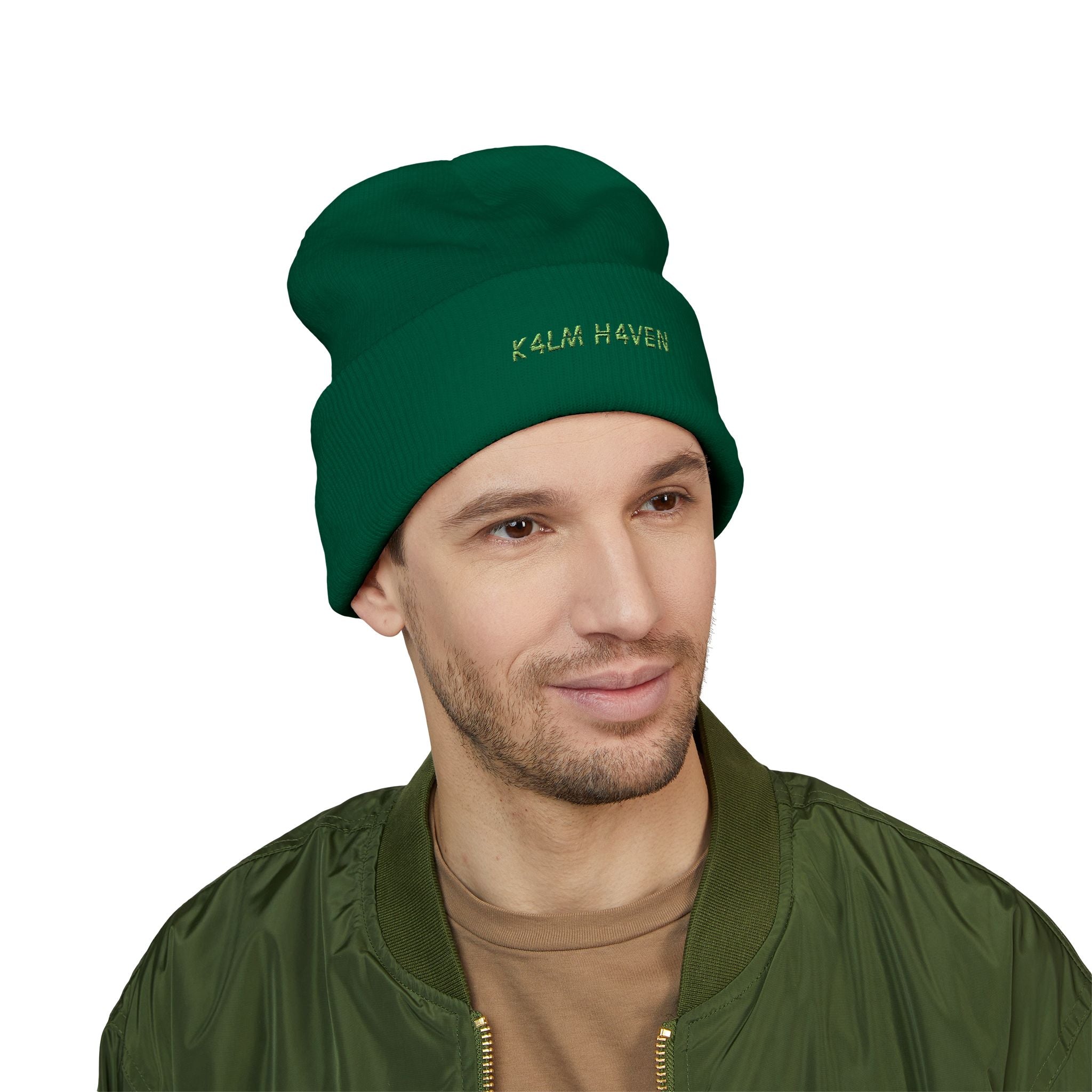 Embroidered 'K4LM H4VEN' Cuffed Beanie - Soft Spruce Green Knit Beanie