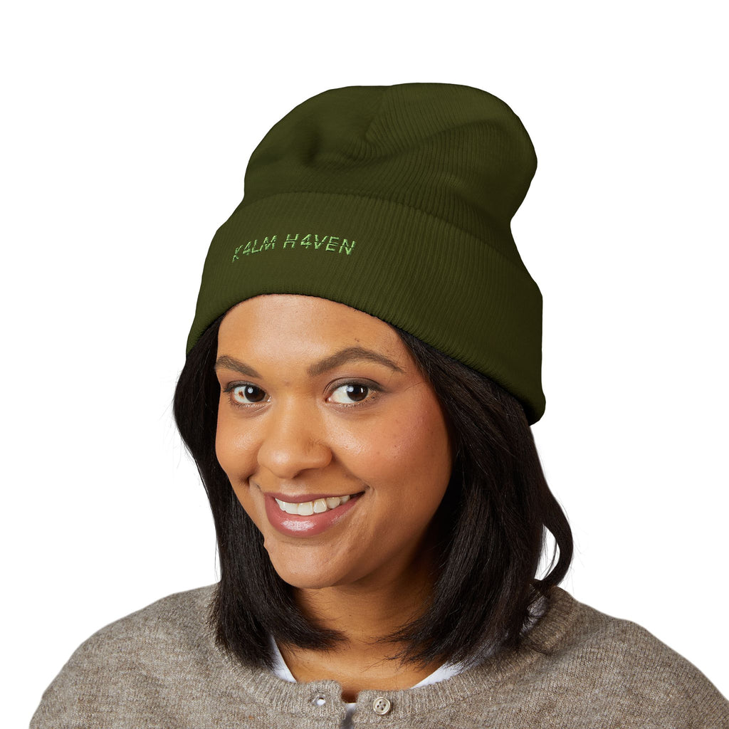 Embroidered 'K4LM H4VEN' Cuffed Beanie - Soft Olive Green Knit Beanie