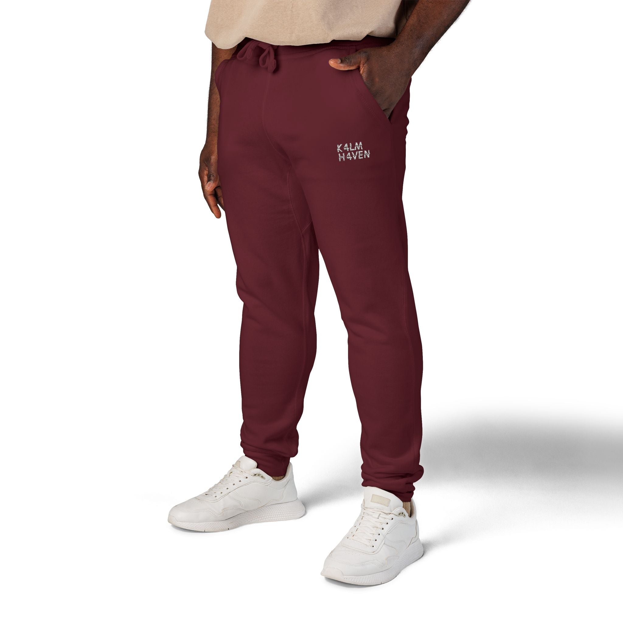 Embroidered 'Kalm Haven' Fleece Sweatpants — Cozy Casual Maroon Sweats