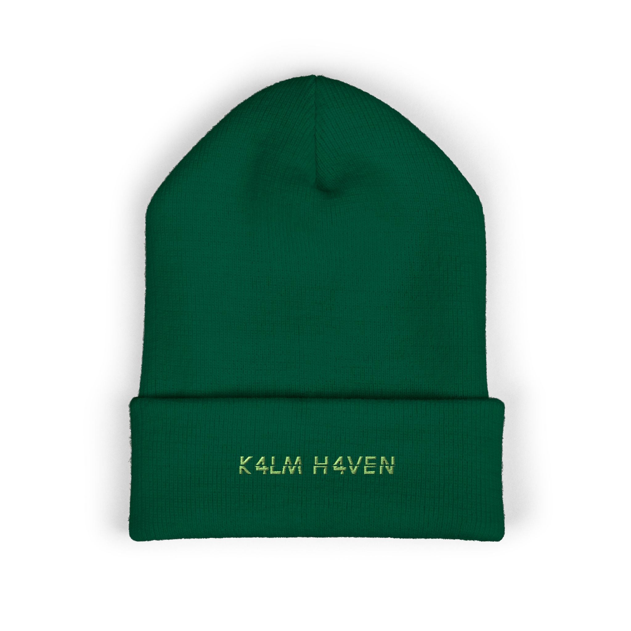 Embroidered 'K4LM H4VEN' Cuffed Beanie - Soft Spruce Green Knit Beanie