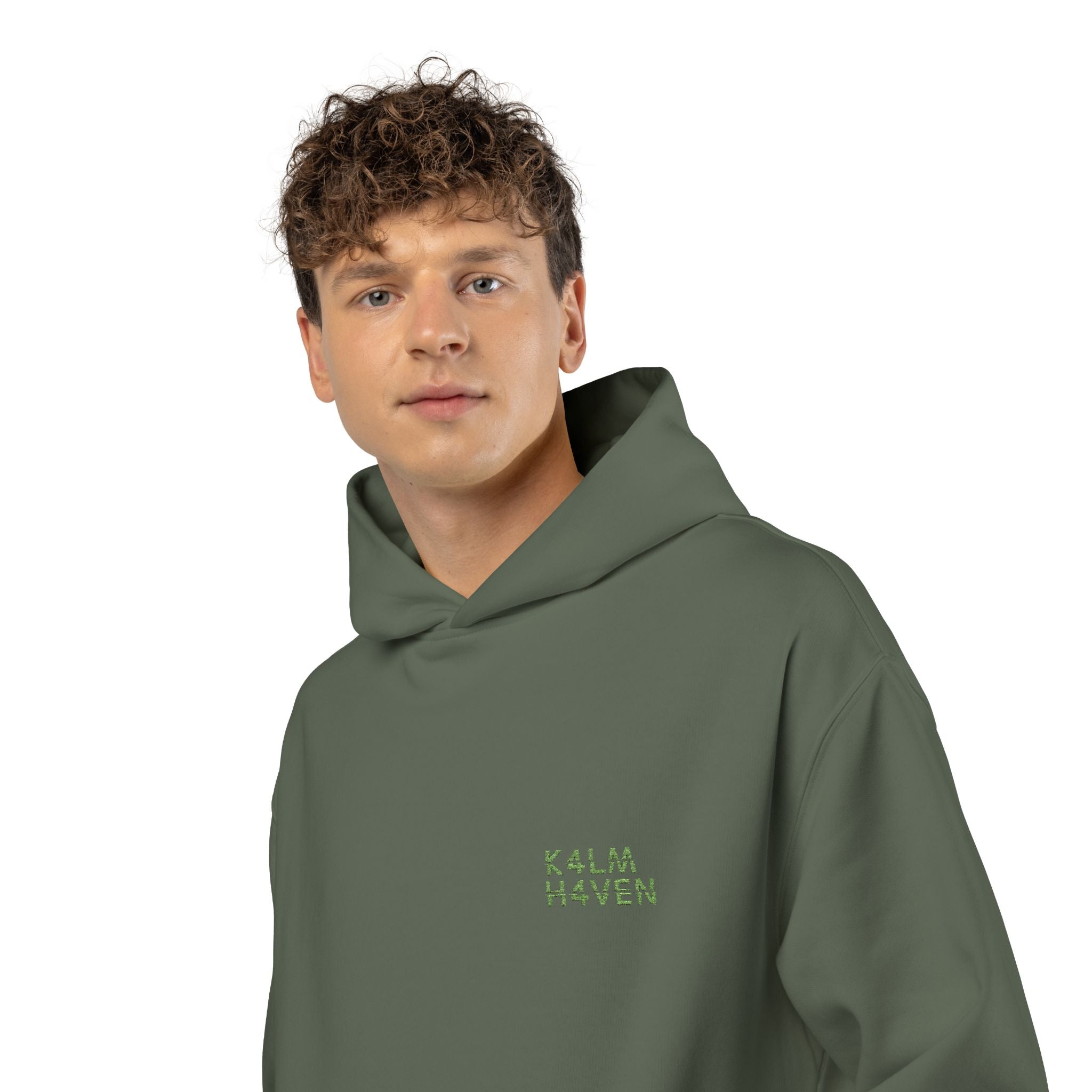 Kalm Haven Green Hoodie — Minimal Chest Graphic Casual Pullover
