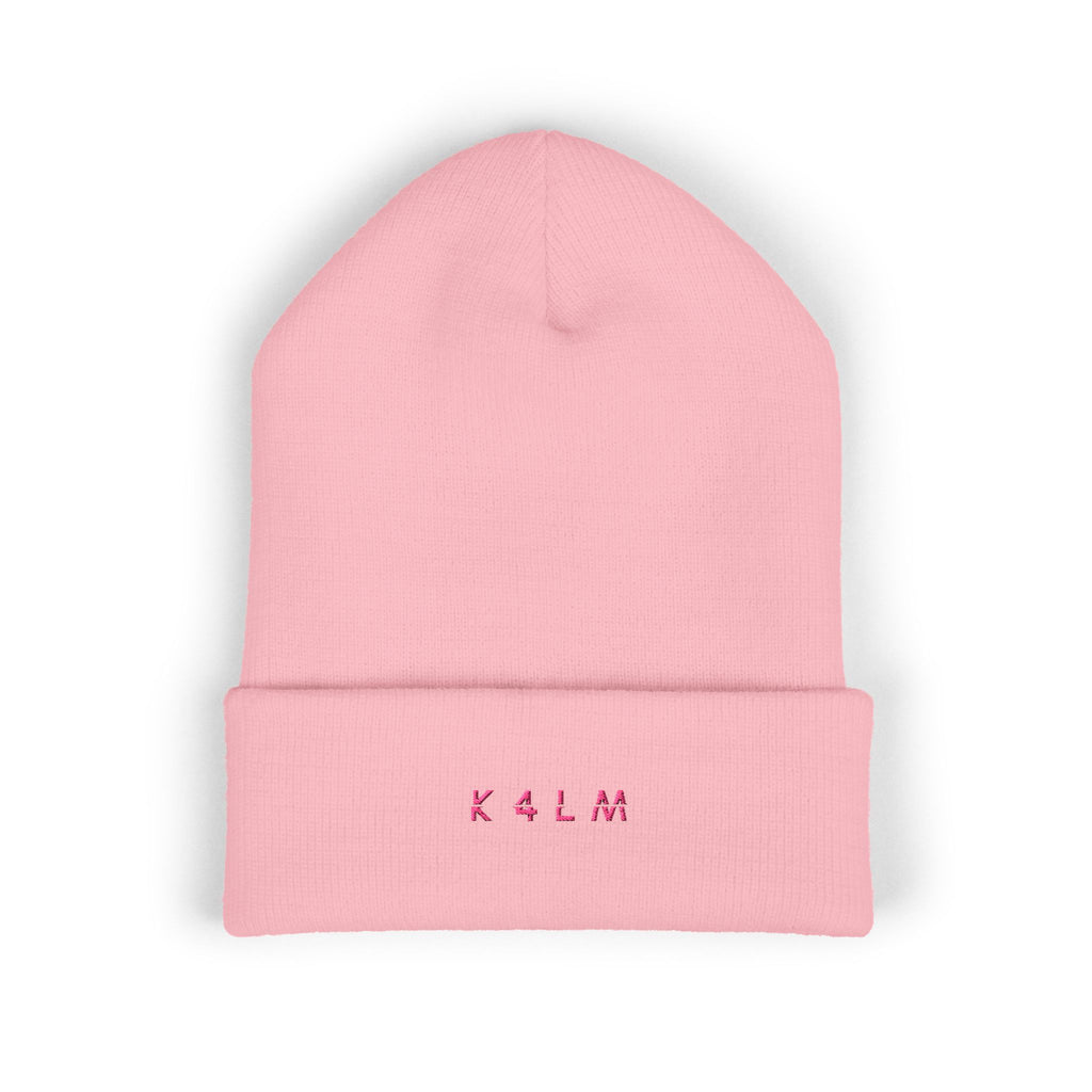 Embroidered 'K4LM H4VEN' Cuffed Beanie - Soft Pink Knit Winter Hat