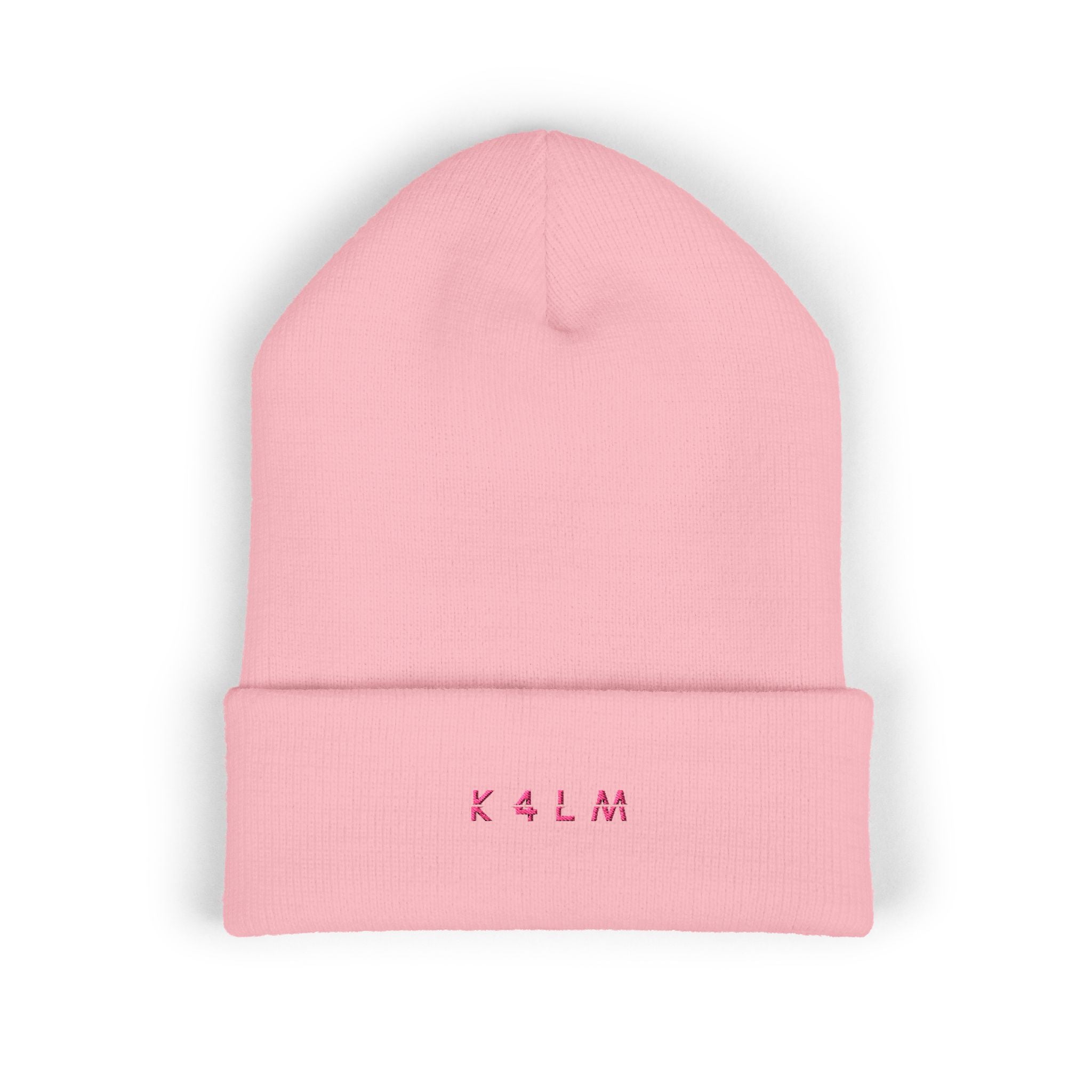 Embroidered 'K4LM H4VEN' Cuffed Beanie - Soft Pink Knit Winter Hat