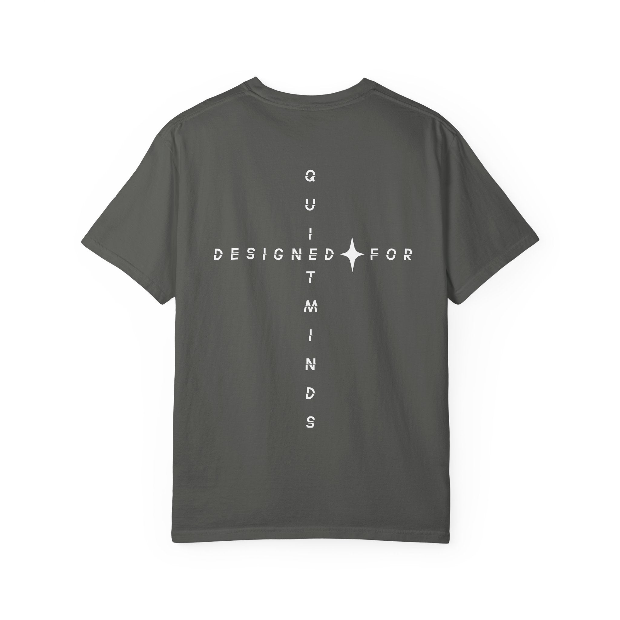 Pepper Gray Designed For Quiet Minds T-Shirt — Small Chest Script