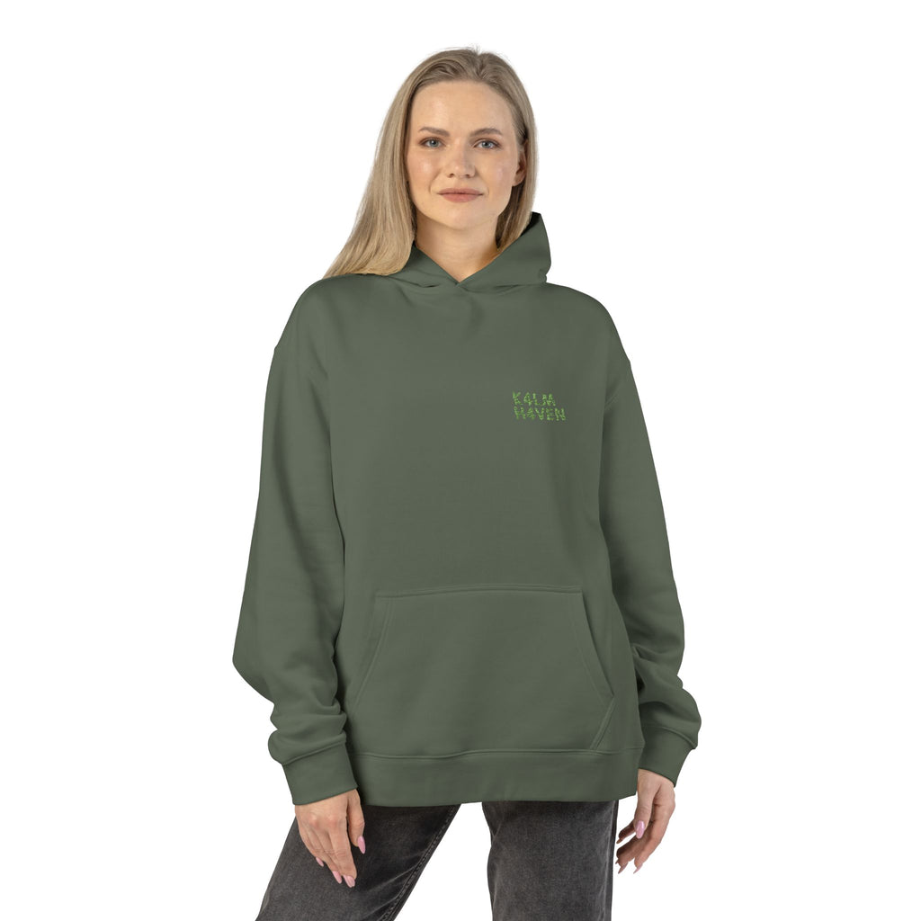 Kalm Haven Green Hoodie — Minimal Chest Graphic Casual Pullover