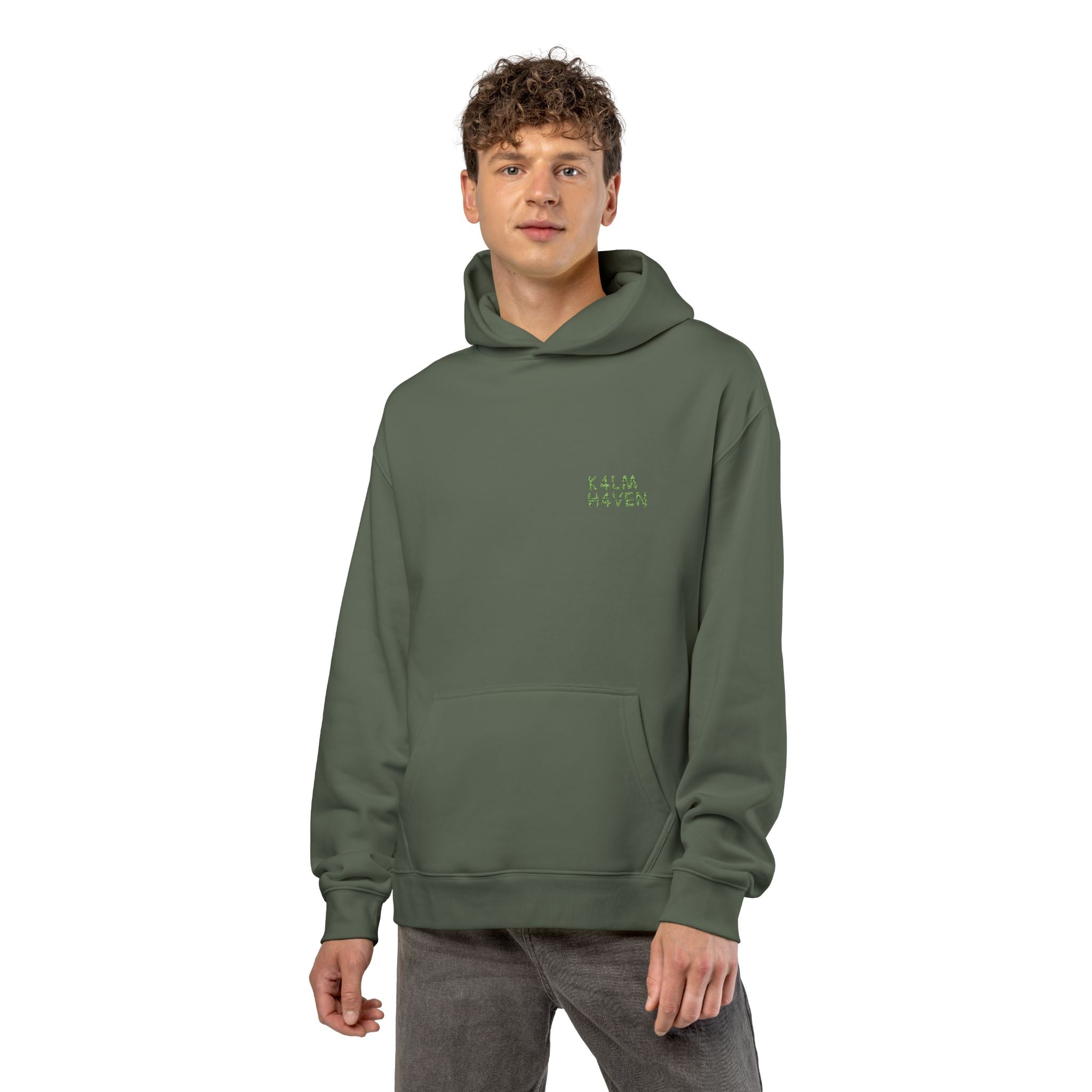 Kalm Haven Green Hoodie — Minimal Chest Graphic Casual Pullover