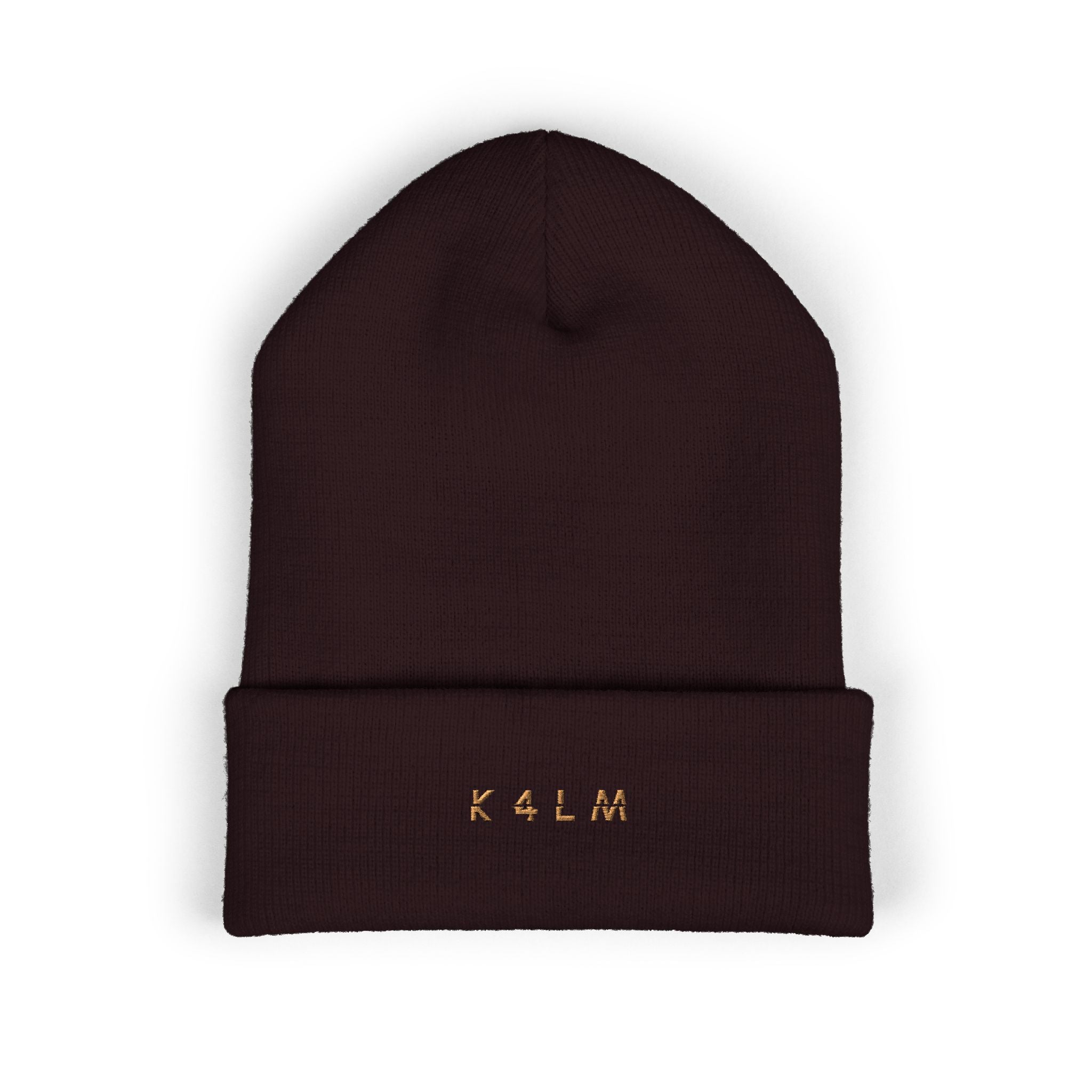 Embroidered 'K4LM H4VEN' Cuffed Beanie - Soft Brown Knit Winter Hat