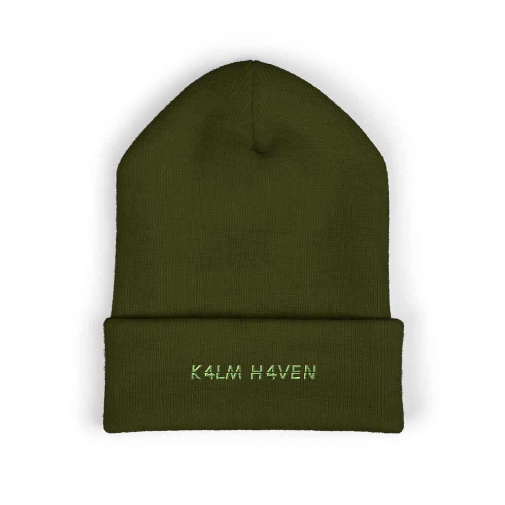 Embroidered 'K4LM H4VEN' Cuffed Beanie - Soft Olive Green Knit Beanie