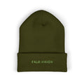 Embroidered 'K4LM H4VEN' Cuffed Beanie - Soft Olive Green Knit Beanie