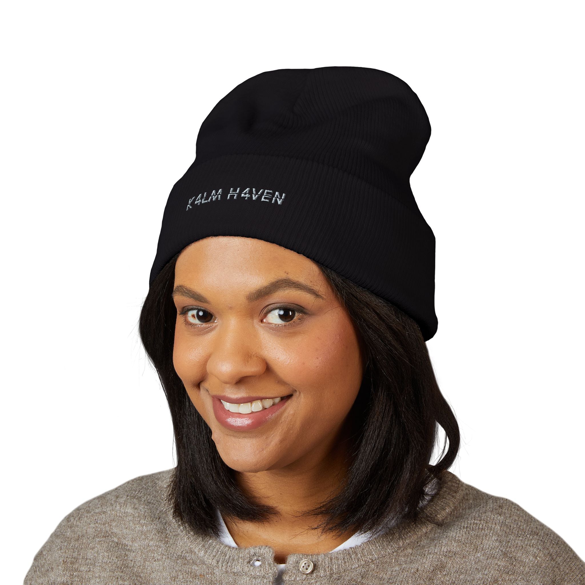 Embroidered 'K4LM H4VEN' Cuffed Beanie - Soft Black Knit Winter Hat
